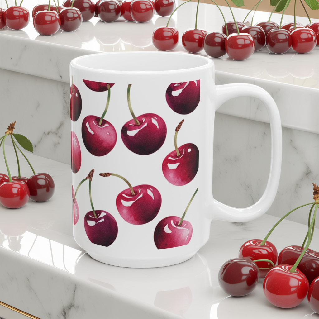 Cherry Pattern Ceramic Coffee Mug – Retro Fruit Cherry Mug, Aesthetic Coquette Cherry Design, Cottagecore Kitchen Gift 11oz & 15oz