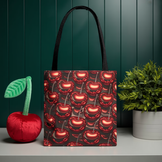 Glossy Cherry Pattern Canvas Tote Bag – Retro Black & Red Cherry Print, Coquette Cottagecore Aesthetic Shopper Tote, Fruit Lover Gift