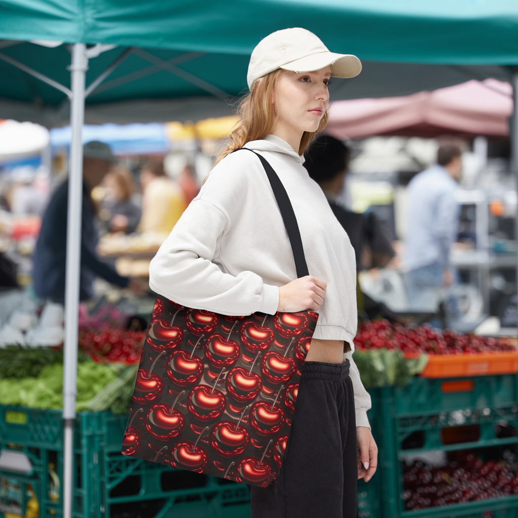 Glossy Cherry Pattern Canvas Tote Bag – Retro Black & Red Cherry Print, Coquette Cottagecore Aesthetic Shopper Tote, Fruit Lover Gift