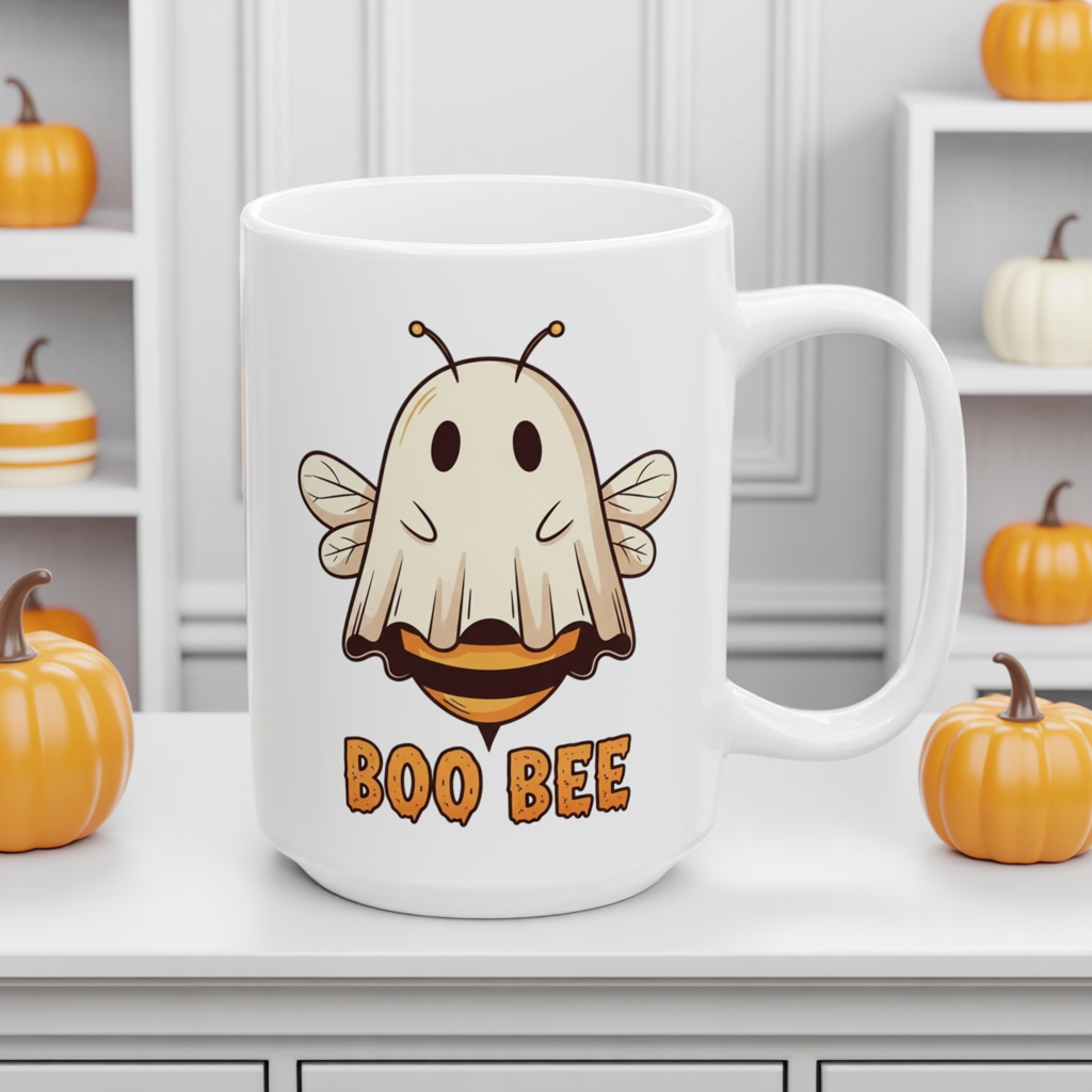 Boo Bee Halloween Mug - Funny Ghost Bee Coffee Cup, Spooky Season Pun Mug, Cute Fall Gift, 11oz and 15oz Ceramic Mug for Bee Lovers