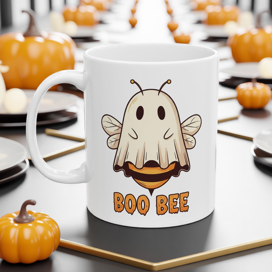 Boo Bee Halloween Mug - Funny Ghost Bee Coffee Cup, Spooky Season Pun Mug, Cute Fall Gift, 11oz and 15oz Ceramic Mug for Bee Lovers