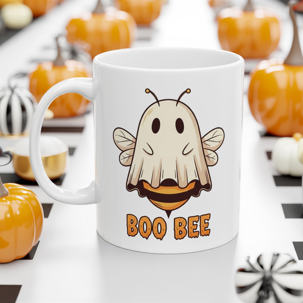 Boo Bee Halloween Mug - Funny Ghost Bee Coffee Cup, Spooky Season Pun Mug, Cute Fall Gift, 11oz and 15oz Ceramic Mug for Bee Lovers