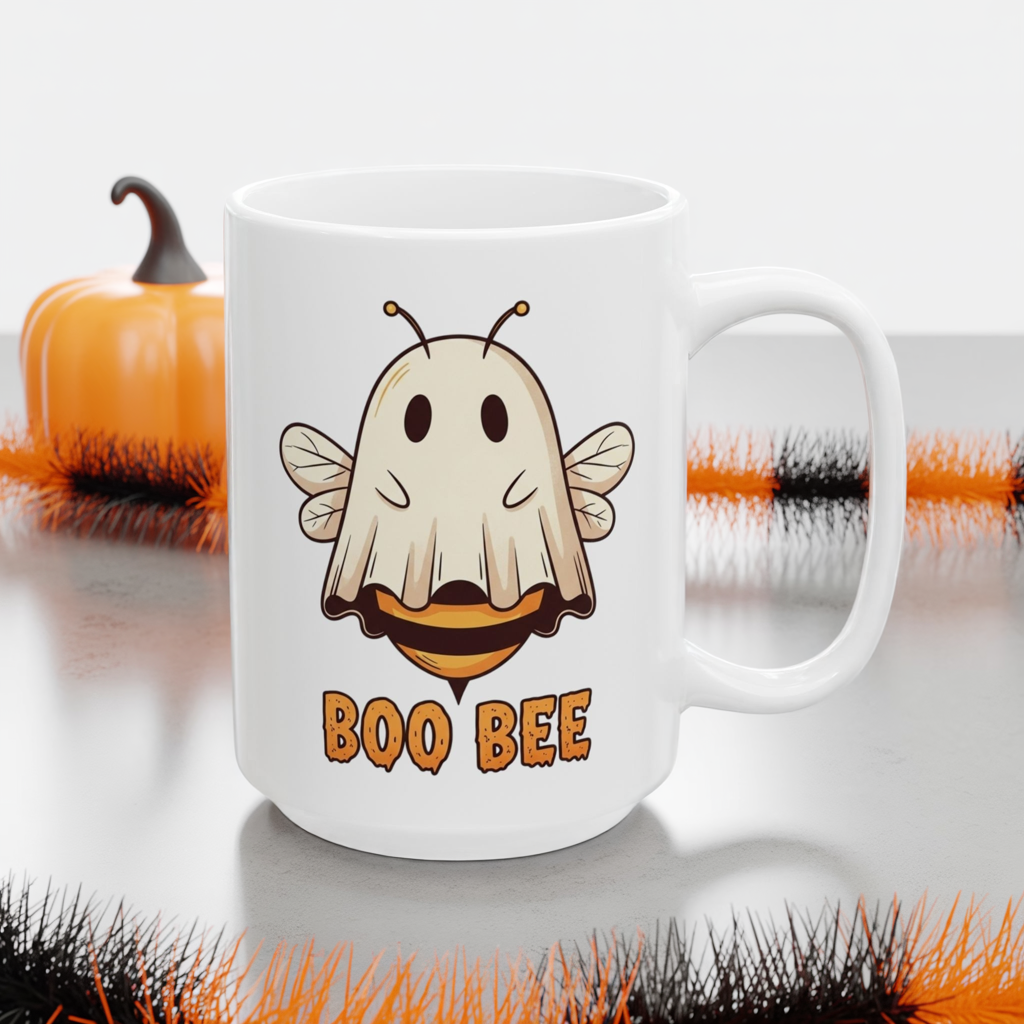 Boo Bee Halloween Mug - Funny Ghost Bee Coffee Cup, Spooky Season Pun Mug, Cute Fall Gift, 11oz and 15oz Ceramic Mug for Bee Lovers