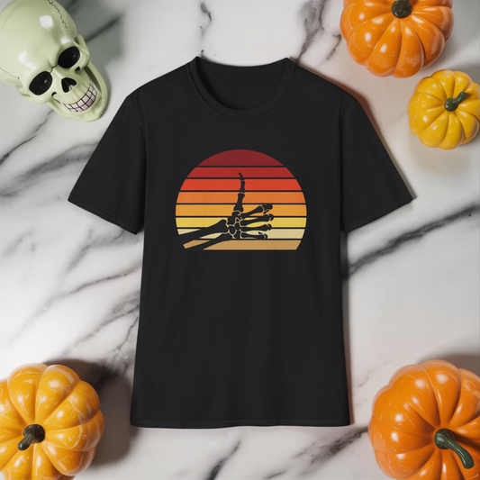 Skeleton Hand Rock On Shirt - Retro Sunset Halloween T-Shirt, Spooky Skeleton Finger Tee, Vintage 70s Style Goth Shirt, Unisex Sizes