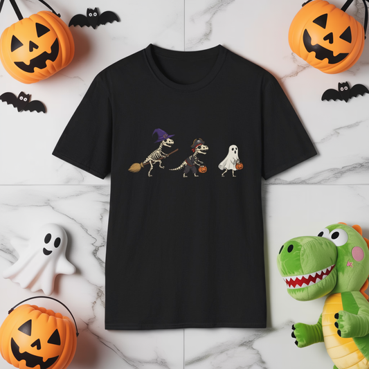 Halloween Dinosaur Skeleton Shirt - Trick-or-Treat Dino Tee, Funny T-Rex Ghost and Witch Costume Shirt, Spooky Cute Skeleton Tee, Unisex