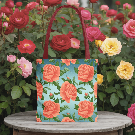 Vintage Floral Tote Bag – Coral Rose Pattern on Blue Background – Aesthetic Everyday Carry Bag – Reusable Fabric Market Tote Gift