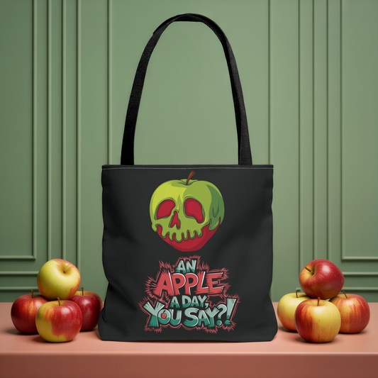 Spooky Halloween Tote Bag – Poison Apple Design – Funny Gothic Tote – Trick or Treat Bag – Creepy Apple Pun Gift – Black Tote Bag