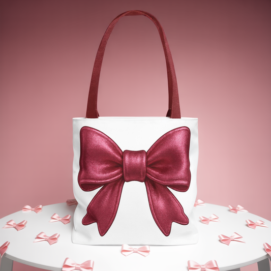 Chic Red Bow Tote Bag – Cute Girly Gift for Her, Fashionable White Bag with Red Handles, Kawaii Aesthetic Purse, Everyday Style