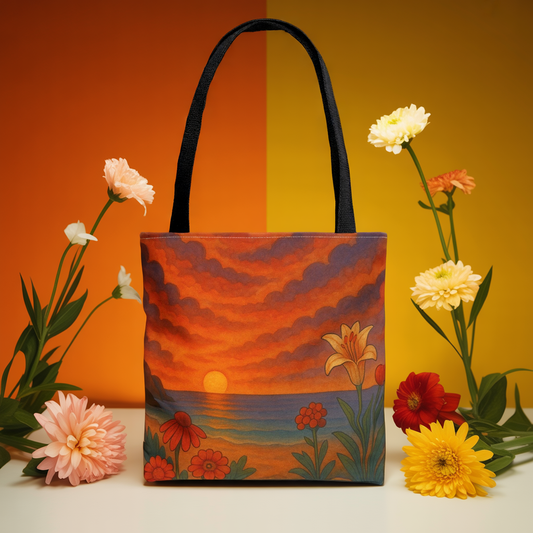 Retro Sunset Tote Bag with Wildflowers – Vibrant Floral Landscape Art, Nature-Inspired Reusable Bag, 70s Style Summer Accessory