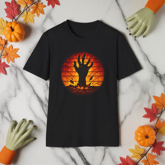 Zombie Hand Sunset T-Shirt – Stained Glass Horror Shirt, Halloween Gothic Tee, Undead Rising Art Tee, Creepy Spooky Shirt for Fall