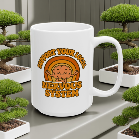 Support Your Local Nervous System Mug | Funny Brain Coffee Cup, Mental Health Gift, Retro Neurodiversity Humor Tea Mug for Self Care