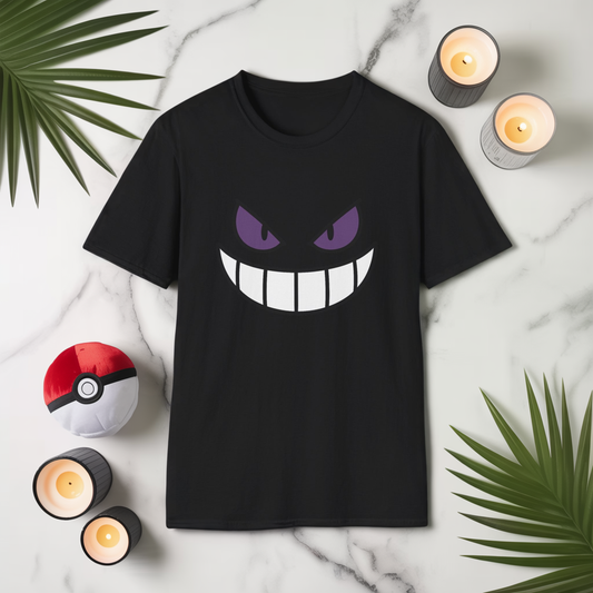 Mischievous Shadow Face Tee - Purple Eyes and Big Grin Graphic Shirt | Spooky Cute Gift, Retro Gaming Vibe, Funny Halloween Unisex Top