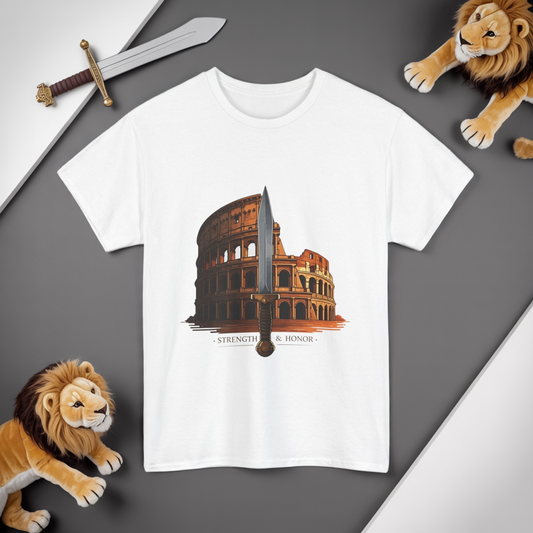 Strength & Honor Gladiator Shirt – Roman Colosseum Sword Graphic Tee – Ancient Rome History T-Shirt for Gladiator & Travel Fans
