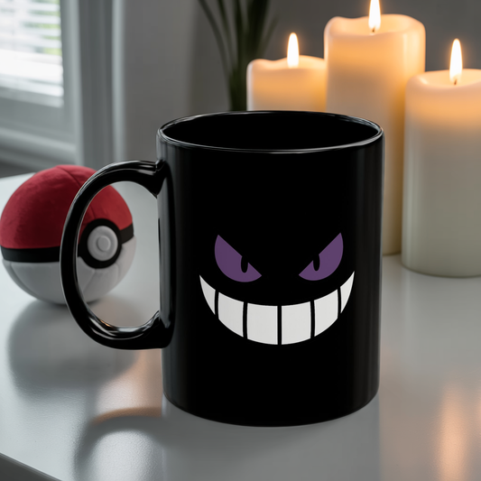 Mischievous Purple Eyes Mug - Black Coffee Cup with Spooky Grin - Cute Yet Creepy Gift for Gamers, Anime Fans, and Coffee Lovers