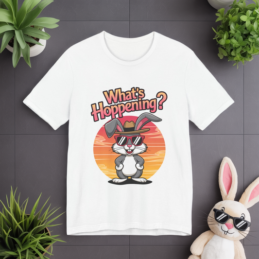 What’s Hoppening Funny Bunny Shirt – Cute Rabbit Pun T-Shirt – Sunset Graphic Tee for Animal Lovers, Easter, and Pun Enthusiasts
