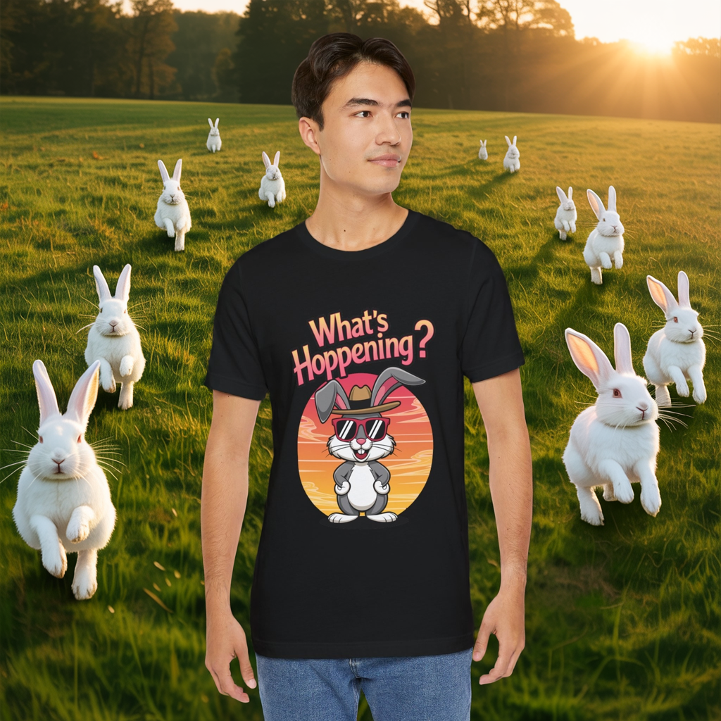 What’s Hoppening Funny Bunny Shirt – Cute Rabbit Pun T-Shirt – Sunset Graphic Tee for Animal Lovers, Easter, and Pun Enthusiasts