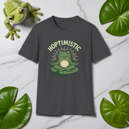 HOPTIMISTIC Relaxed Zen Frog T-Shirt • Cute Animal Graphic Tee • Mindful Yoga Frog Humor • Unisex Gift • Nature Lover Shirt