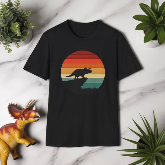 Retro Triceratops Sunset T-Shirt - Vintage Dino Graphic Tee - Unisex Softstyle Dinosaur Shirt - Nature and Prehistoric Lover Gift