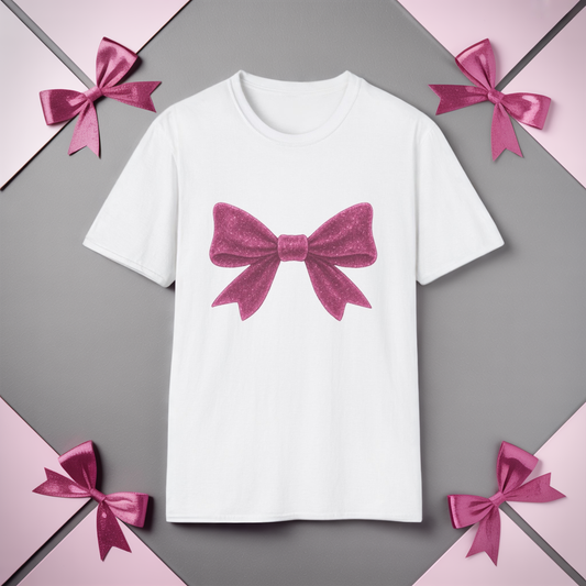 Feminine Pink Bow Graphic Tee | Coquette Bow T-Shirt | Sparkly Ribbon Shirt for Soft Girl Aesthetic | Gift for Her