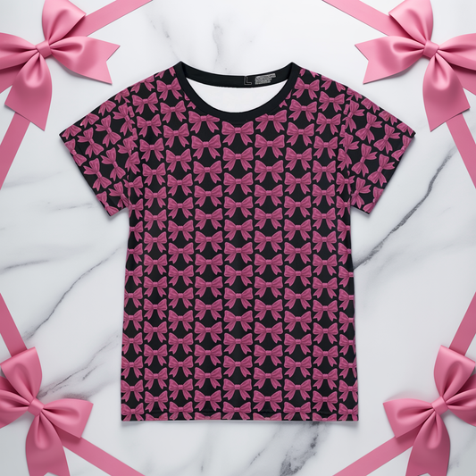 Coquette Bow Pattern Tee – All-Over Pink Ribbon Design T-Shirt for Soft-Girl Aesthetic Lovers – Pastel Bows Top, Perfect Girly Gift