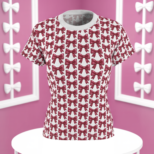White-Stitch Bow Pattern Tee – Elegant Ribbon All-Over Print T-Shirt for Coquette Aesthetic Lovers – Feminine, Soft-Girl Friendly Gift Top