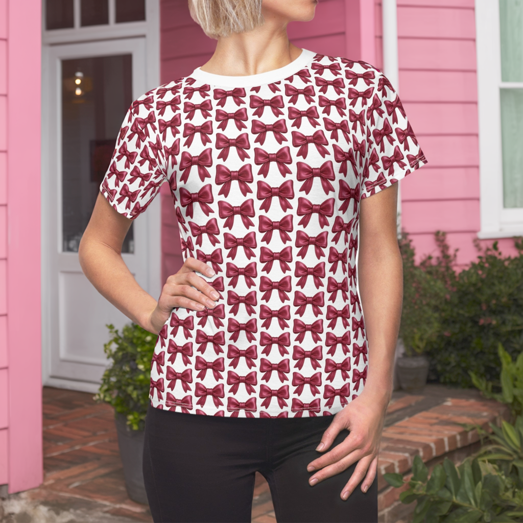 White-Stitch Bow Pattern Tee – Elegant Ribbon All-Over Print T-Shirt for Coquette Aesthetic Lovers – Feminine, Soft-Girl Friendly Gift Top