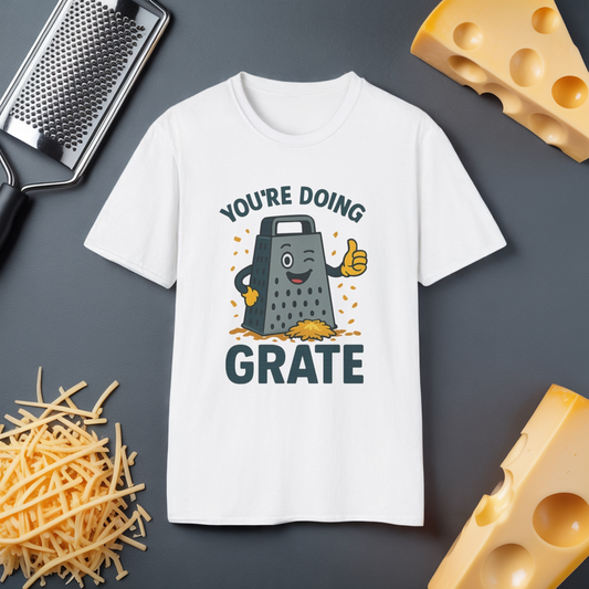 You’re Doing Grate Funny Cheese Grater Pun T-Shirt | Cute Kitchen Humor Graphic Tee | Encouragement Gift for Food & Pun Lovers
