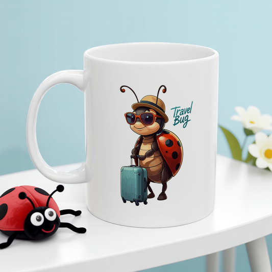 Travel Bug Coffee Mug – Cute Ladybug Traveler Ceramic Mug, Whimsical Travel Gift, Eco-Friendly Kitchen Cup for Bug Lovers