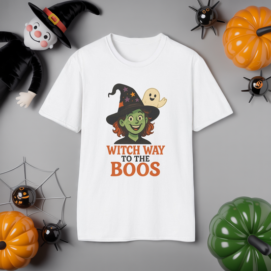 Witch Way to the Boos Halloween Shirt | Cute Witch and Ghost T-Shirt | Spooky Season Graphic Tee | Funny Halloween Costume Top