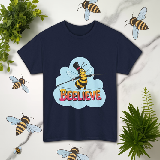 “Beelieve” Bee Pun T‑Shirt | Cute Bee Graphic Tee | Inspirational Pun Shirt | Funny Nature Lover Gift | Bee Belief Positive Vibes Tee