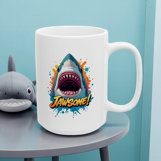 “JAWSOME!” Shark Mug | Funny Shark Coffee Mug | Punny Ocean Lover Gift | Shark Lover Cup | Bold Marine Art Mug | Unique Animal Pun Mug