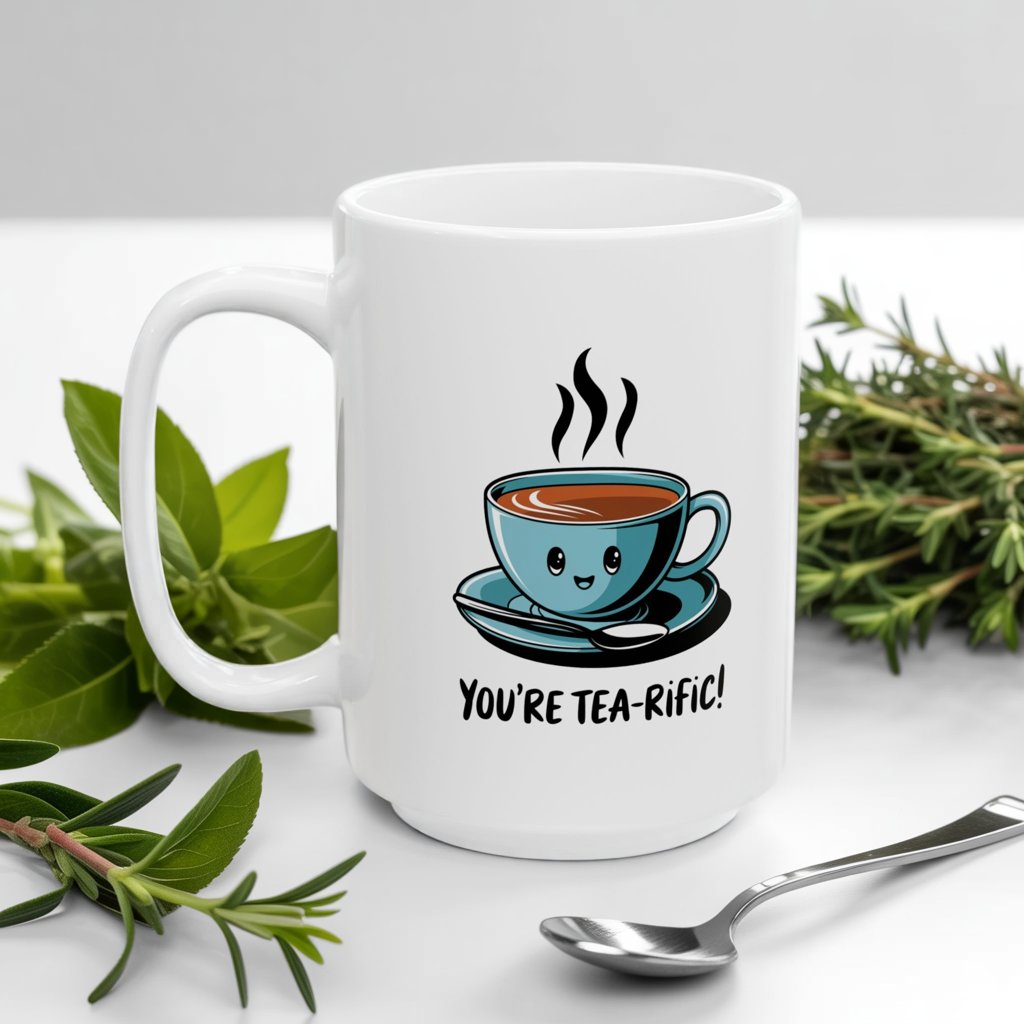 “You’re Tea-rific!” Tea Pun Mug | Cute Kawaii Tea Cup Mug | Funny Tea Lover Gift | Positive Vibes Ceramic Mug | Tea Time Kitchenware