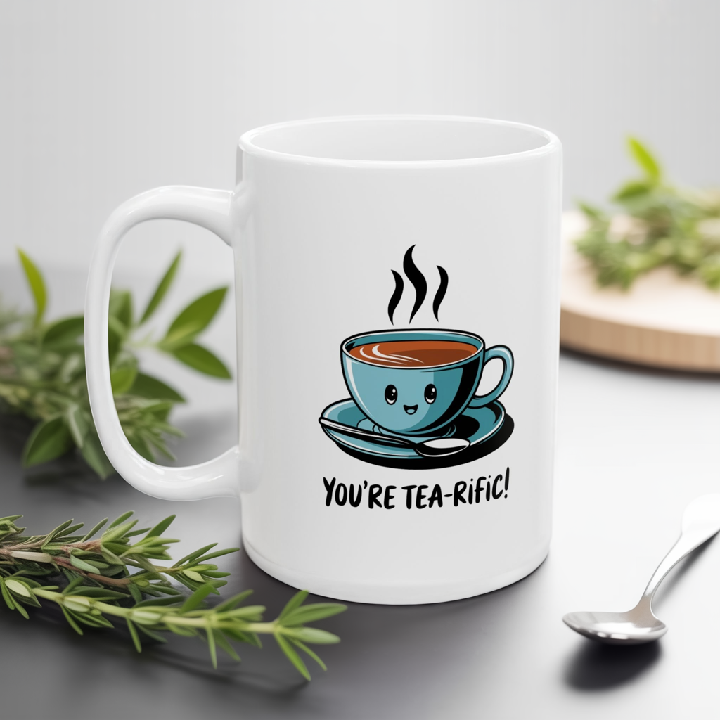 “You’re Tea-rific!” Tea Pun Mug | Cute Kawaii Tea Cup Mug | Funny Tea Lover Gift | Positive Vibes Ceramic Mug | Tea Time Kitchenware