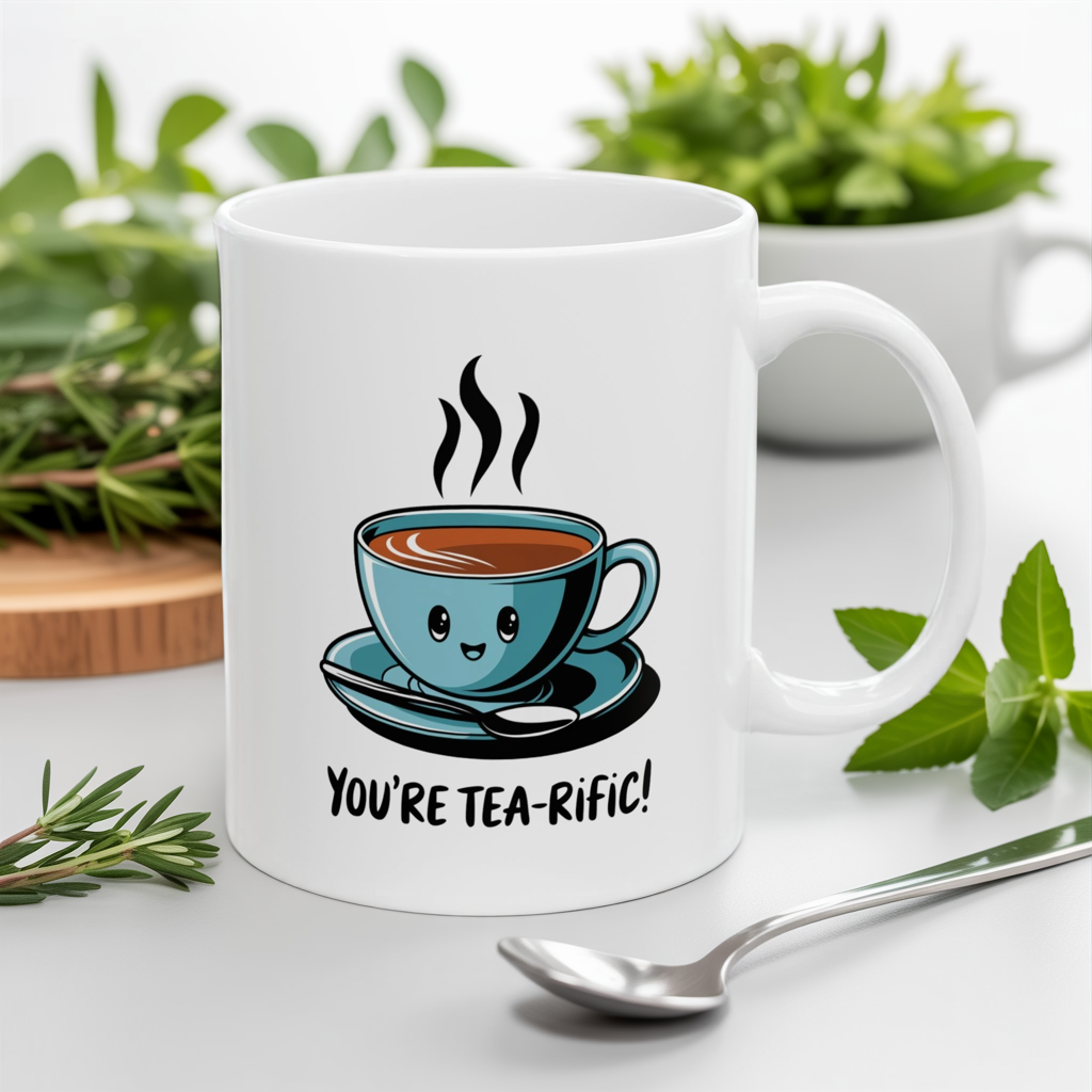 “You’re Tea-rific!” Tea Pun Mug | Cute Kawaii Tea Cup Mug | Funny Tea Lover Gift | Positive Vibes Ceramic Mug | Tea Time Kitchenware