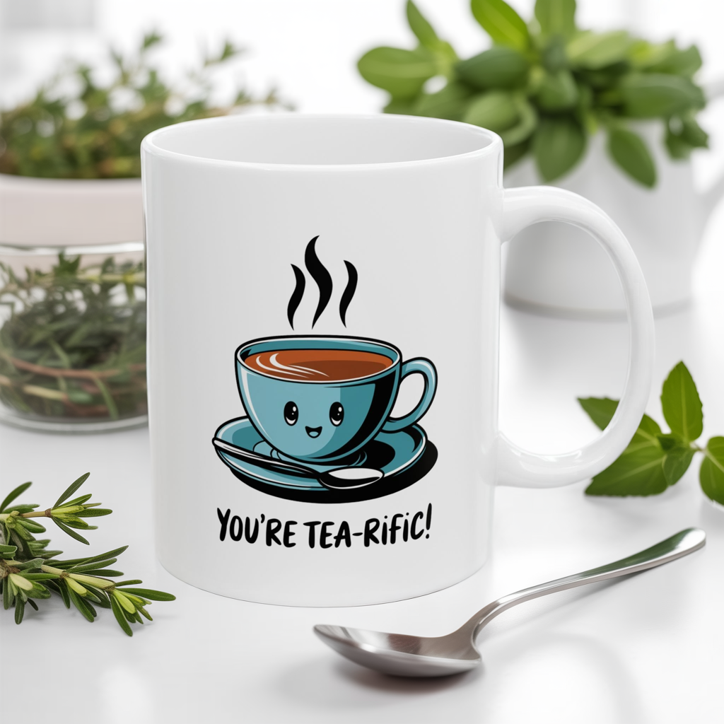 “You’re Tea-rific!” Tea Pun Mug | Cute Kawaii Tea Cup Mug | Funny Tea Lover Gift | Positive Vibes Ceramic Mug | Tea Time Kitchenware