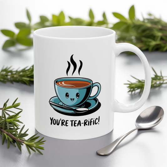 “You’re Tea-rific!” Tea Pun Mug | Cute Kawaii Tea Cup Mug | Funny Tea Lover Gift | Positive Vibes Ceramic Mug | Tea Time Kitchenware