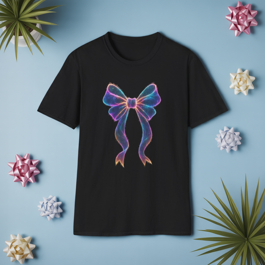 Neon Bow Coquette T-Shirt | Aesthetic Ribbon Graphic Tee | Y2K Coquette Style Shirt | Cute Trendy Gift for Women | Fashion Bow Tee