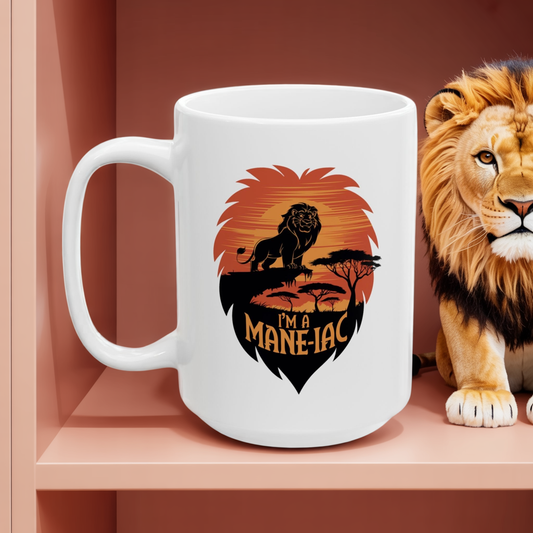 I’m a Mane-iac Lion Mug – Funny Animal Pun Coffee Cup – Safari Wildlife Gift for Him, Her, Kids – Bold Jungle Kitchen Decor
