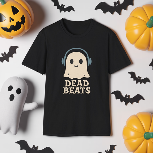 Dead Beats Ghost T-Shirt - Funny Music Halloween Shirt - Cute Ghost with Headphones Tee - Gift for DJs, Musicians and Spooky Season