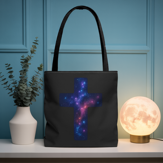 Galaxy Cross Tote Bag – Christian Faith Bag, Inspirational Reusable Shopper, Spiritual Gift for Women & Men, Religious Church Bag