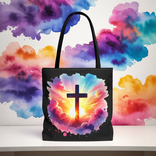 Inspirational Watercolor Sunrise Cross Tote Bag – Faith Art Canvas Tote, Christian Gift, Spiritual Aesthetic, Colorful Bible Verse Tote – Reusable Black Tote
