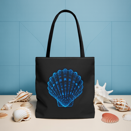 Neon Blue Shell Tote Bag – Digital Scallop Design Canvas Tote, Ocean Tech Art, Minimalist Beach Statement, Reusable Black Shopper Bag
