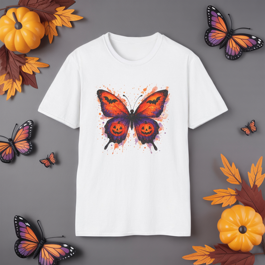 Halloween Watercolor Butterfly T-Shirt - Pumpkin Butterfly Tee, Spooky Butterfly Shirt, Bat and Jack-O'Lantern Wings, Fall Aesthetic Tee
