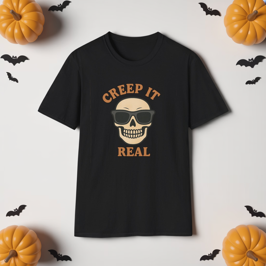 Creep It Real Shirt - Funny Skull Halloween T-Shirt, Spooky Season Graphic Tee, Cool Skeleton with Sunglasses, Humorous Fall Top