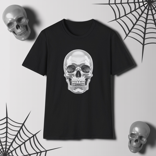 Chrome Skull Graphic Tee - Edgy Metallic Skull Shirt - Retro Rock Vibe, Dark Aesthetic, Unisex Cool Gift - Trendy Fashion Statement Top