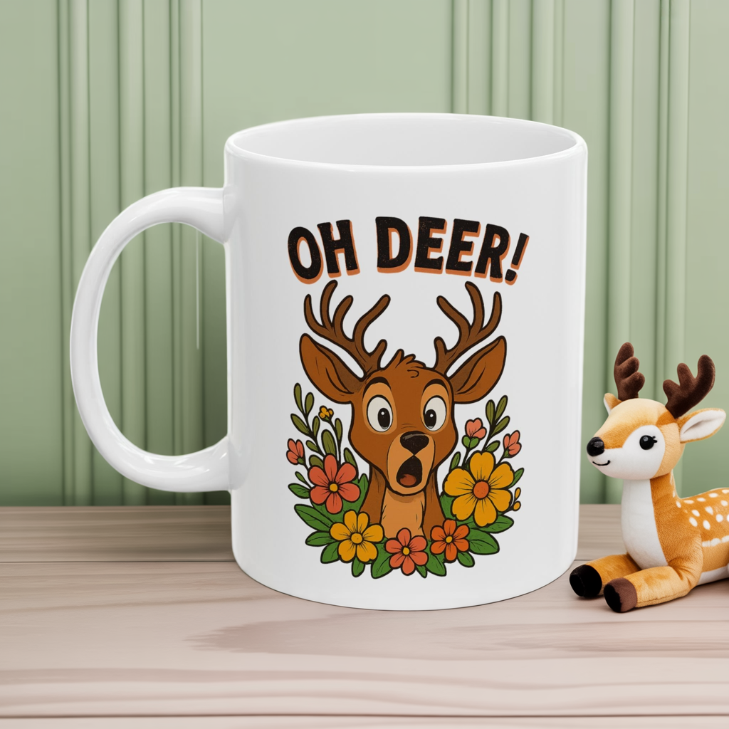 Funny Deer Coffee Mug | Oh Deer Cartoon Cup, Cute Animal Pun Gift, Nature Lover Tea Mug, Whimsical Flower Deer Cup for Wildlife Fans