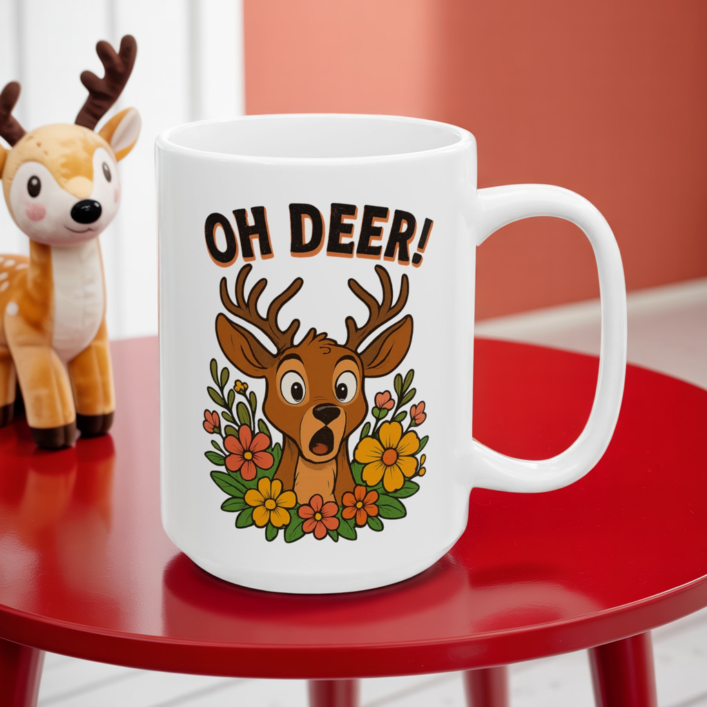 Funny Deer Coffee Mug | Oh Deer Cartoon Cup, Cute Animal Pun Gift, Nature Lover Tea Mug, Whimsical Flower Deer Cup for Wildlife Fans