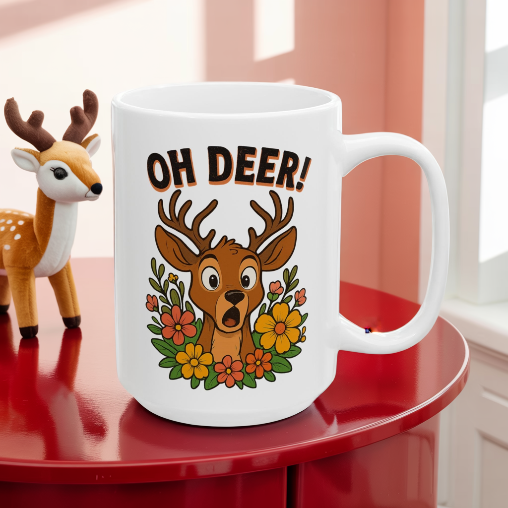 Funny Deer Coffee Mug | Oh Deer Cartoon Cup, Cute Animal Pun Gift, Nature Lover Tea Mug, Whimsical Flower Deer Cup for Wildlife Fans
