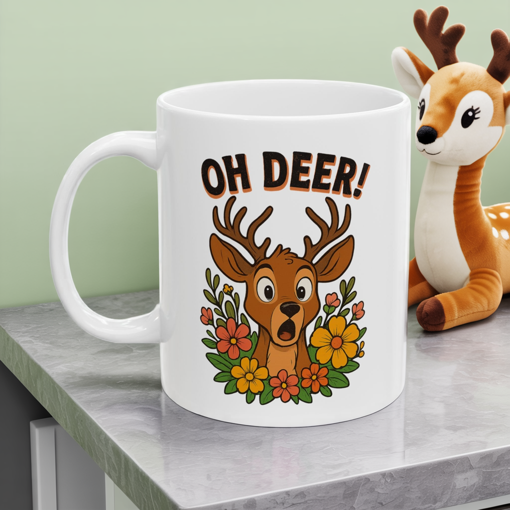 Funny Deer Coffee Mug | Oh Deer Cartoon Cup, Cute Animal Pun Gift, Nature Lover Tea Mug, Whimsical Flower Deer Cup for Wildlife Fans