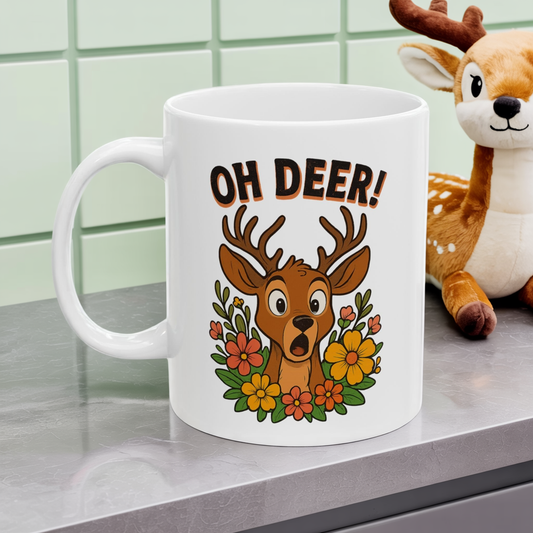 Funny Deer Coffee Mug | Oh Deer Cartoon Cup, Cute Animal Pun Gift, Nature Lover Tea Mug, Whimsical Flower Deer Cup for Wildlife Fans